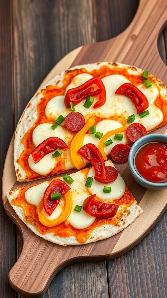 Tortilla Pizza Recipe Crispy tortilla pizza with cheese, pepperoni, and bell peppers on a wooden board.